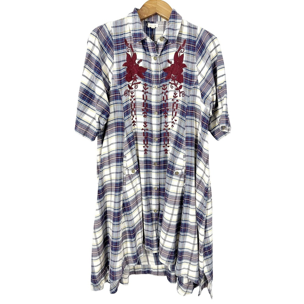Lyla Seo Cotton Fit n Flare Short Sleeve Plaid Western Embroidered Dress Size XL